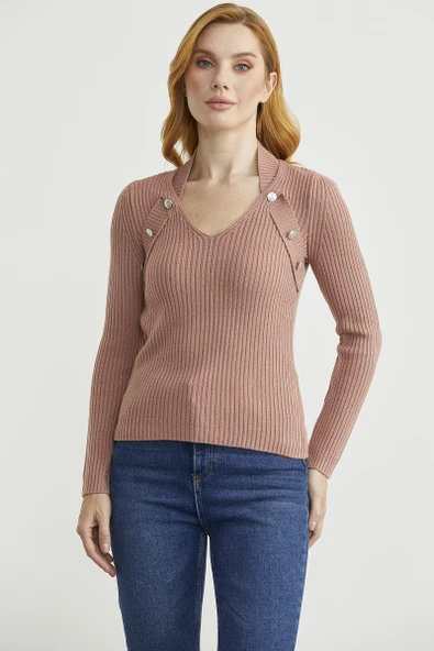 Boyundan Bantlı Fitilli Triko Kazak - Gül ürün görseli 1