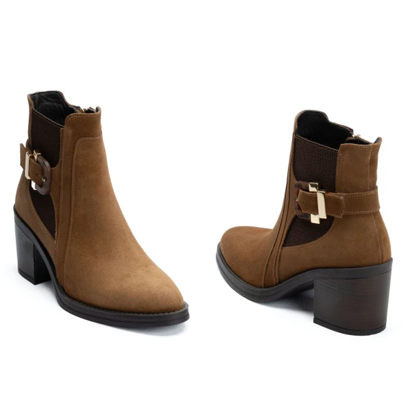 Kadın Hakiki Deri 7 cm Topuklu El Yapımı Tokalı Şık Günlük Bot – Siyah Cilt / Taba Süet - Resim 10