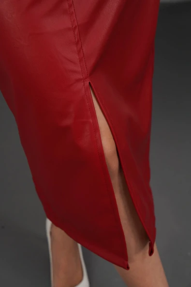 Yırtmaçlı uzun deri etek bordo - Resim 5