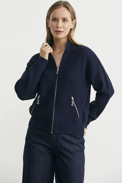 Yünlü Dik Yaka Fermuarlı Triko Hırka - Lacivert - Resim 4