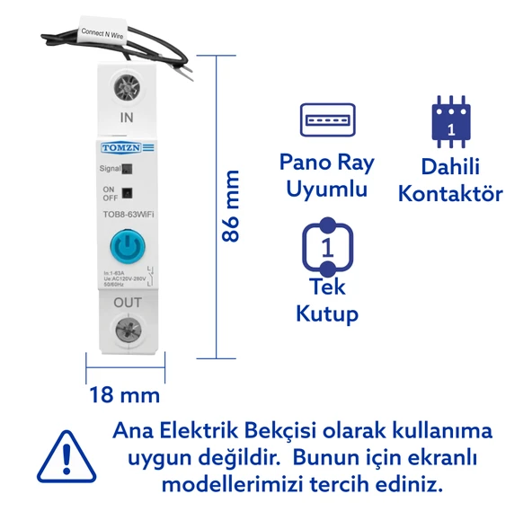 Tomzn WiFi Akıllı Voltaj ve Akım Koruma Rölesi, Dahili Enerji Ölçer 63A eWelink Uyumlu - Tek Kutup - Resim 2