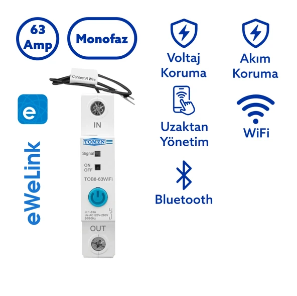 Tomzn WiFi Akıllı Voltaj ve Akım Koruma Rölesi, Dahili Enerji Ölçer 63A eWelink Uyumlu - Tek Kutup ürün görseli 1