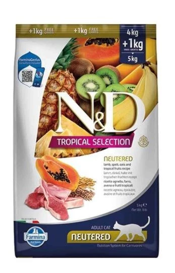 N&D Tropical Selection Düşük Tahıllı Kuzulu Tropikal Meyveli Kısırlaştırılmış Yetişkin Kedi Maması 4+1 Kg ürün görseli 1
