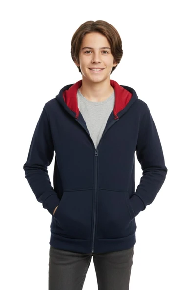 Lacivert Fermuarlı Kapüşonlu Cepli Kız Erkek Sweatshirt BGL-ST05000 ürün görseli 1