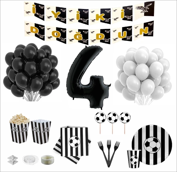 4 Yaş Taraftar Siyah Beyaz 8 Kişilik Doğum Günü Seti ürün görseli 1