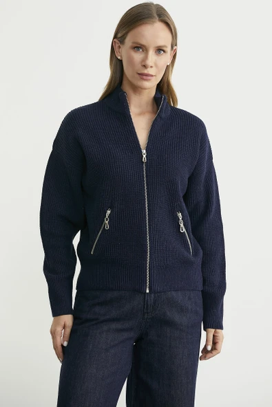 Yünlü Dik Yaka Fermuarlı Triko Hırka - Lacivert ürün görseli 1