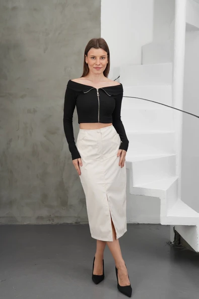 Yırtmaçlı uzun deri etek krem - Resim 5