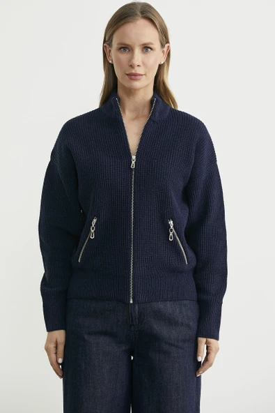 Yünlü Dik Yaka Fermuarlı Triko Hırka - Lacivert - Resim 2