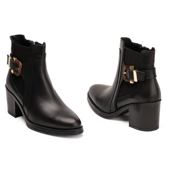 Kadın Hakiki Deri 7 cm Topuklu El Yapımı Tokalı Şık Günlük Bot – Siyah Cilt / Taba Süet - Resim 3