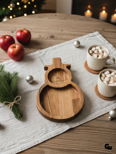 Yılbaşı Sunum Tabağı Noel Kardan Adam Doğal Ahşap Çerez Tabağı(KAYIN / GÜRGEN) Ahşap Rengi AHŞAP - 2 ADET - Resim 2