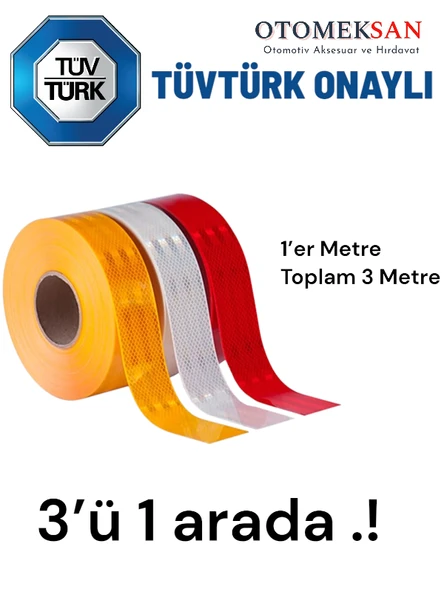 TÜVTÜRK Onaylı 3’lü Reflektif Şerit Seti – Sarı + Beyaz + Kırmızı (Toplam 3 Metre) ürün görseli 1
