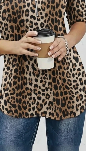 Lucky Life Kadın Uzun Kollu Hakim Yaka Yakadan Fermuarlı Geometrik Desenli Süprem Bluz - Resim 3