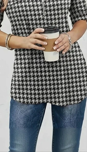 Lucky Life Kadın Uzun Kollu Hakim Yaka Yakadan Fermuarlı Geometrik Desenli Süprem Bluz - Resim 3