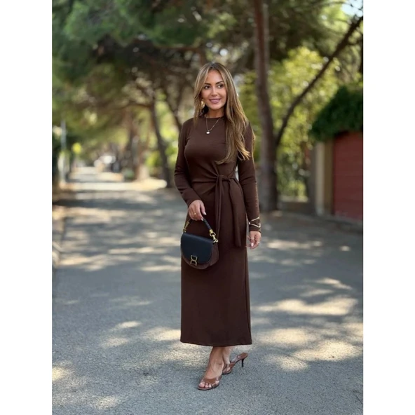 Lucky Life Kadın Uzun Kollu Bisiklet Yaka Yandan Bağlamalı Uzun Modal Elbise - Resim 2