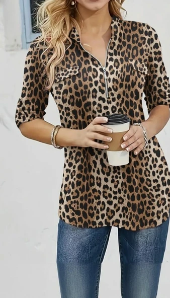 Lucky Life Kadın Uzun Kollu Hakim Yaka Yakadan Fermuarlı Geometrik Desenli Süprem Bluz - Resim 2