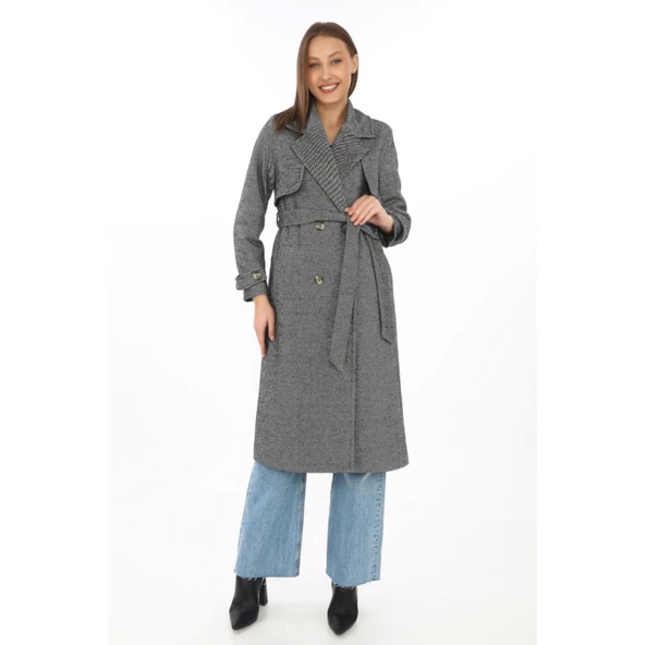 Balık Sırtı Kaşmir Uzun Kaşe Kaban - Füme - Resim 7