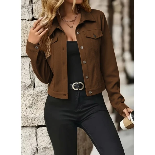 Lucky Life Kadın Uzun Kollu önden Düğmeli Kısa Süet Ceket - Resim 2