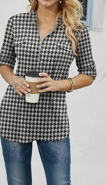 Lucky Life Kadın Uzun Kollu Hakim Yaka Yakadan Fermuarlı Geometrik Desenli Süprem Bluz - Resim 4