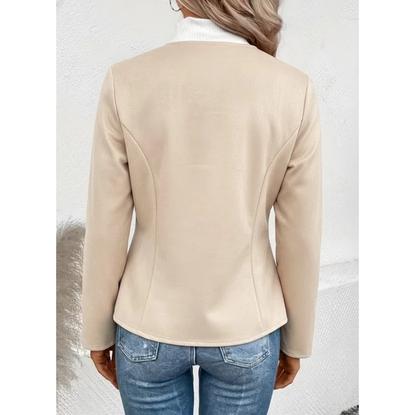 Lucky Life Kadın Uzun Kollu Yuvarlak Yaka önden Fermuarlı Süet Ceket - Resim 7