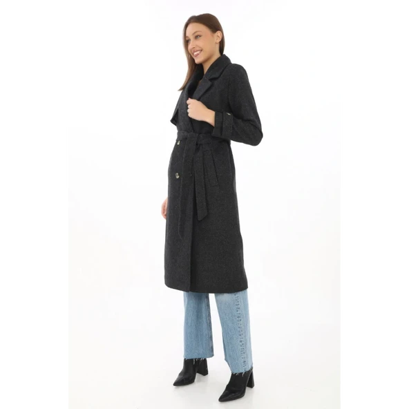 Premium Kaşe Kaban Uzun Boy, Balık Sırtı Yünlü Kaşmir Dokuma, Kruvaze Kuşaklı Astarlı - Siyah ürün görseli 1