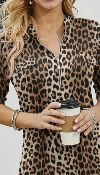 Lucky Life Kadın Uzun Kollu Hakim Yaka Yakadan Fermuarlı Geometrik Desenli Süprem Bluz ürün görseli 1