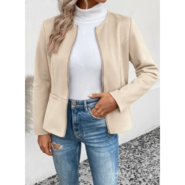 Lucky Life Kadın Uzun Kollu Yuvarlak Yaka önden Fermuarlı Süet Ceket - Resim 2