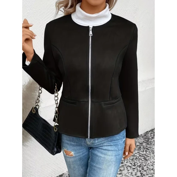 Lucky Life Kadın Uzun Kollu Yuvarlak Yaka önden Fermuarlı Süet Ceket - Resim 3