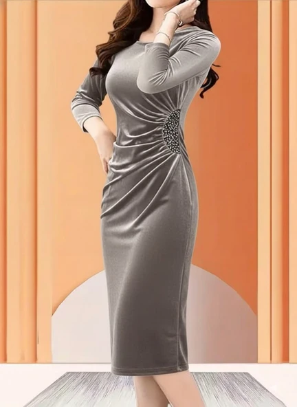 Lucky Life Kadın Uzun Kollu Bot Yaka Yanı Taş Detaylı Midi Kadife Elbise - Resim 2