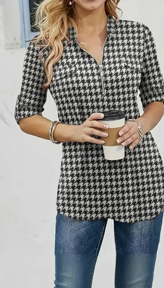 Lucky Life Kadın Uzun Kollu Hakim Yaka Yakadan Fermuarlı Geometrik Desenli Süprem Bluz - Resim 2