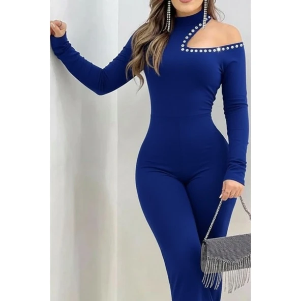 Lucky Life Kadın Tek Omuzdan Açık Balıkçı Yaka Taş Detaylı Uzun Ithal Krep Tulum ürün görseli