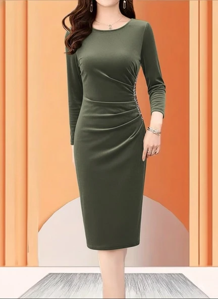 Lucky Life Kadın Uzun Kollu Bot Yaka Yanı Taş Detaylı Midi Kadife Elbise - Resim 3