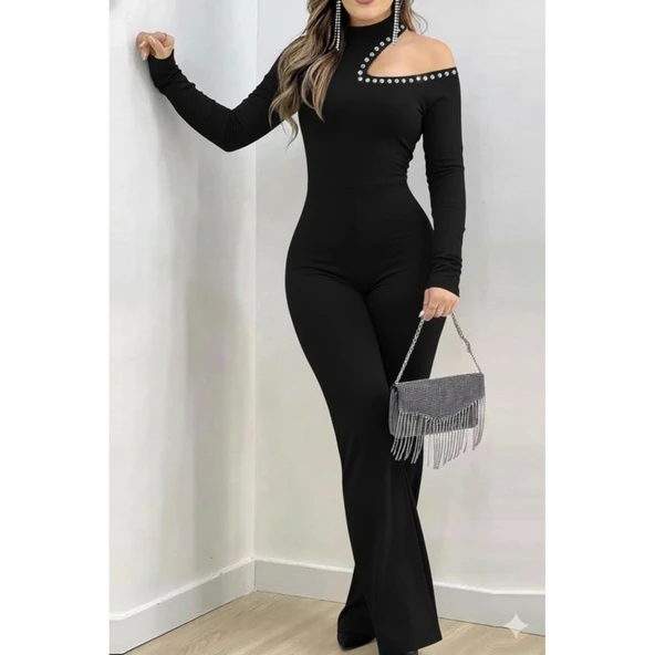 Lucky Life Kadın Tek Omuzdan Açık Balıkçı Yaka Taş Detaylı Uzun Ithal Krep Tulum - Resim 2