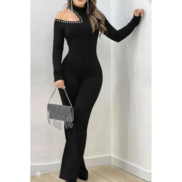 Lucky Life Kadın Tek Omuzdan Açık Balıkçı Yaka Taş Detaylı Uzun Ithal Krep Tulum - Resim 3