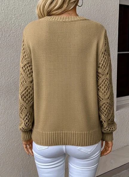 Lucky Life Kadın Uzun Kollu V Yaka Kol Delikli Baklava Desen Detaylı Triko Kazak - Resim 3