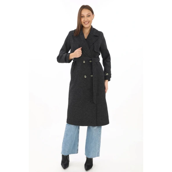 Premium Kaşe Kaban Uzun Boy, Balık Sırtı Yünlü Kaşmir Dokuma, Kruvaze Kuşaklı Astarlı - Siyah - Resim 7