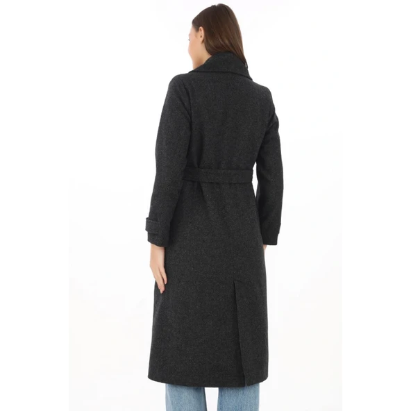 Premium Kaşe Kaban Uzun Boy, Balık Sırtı Yünlü Kaşmir Dokuma, Kruvaze Kuşaklı Astarlı - Siyah - Resim 8