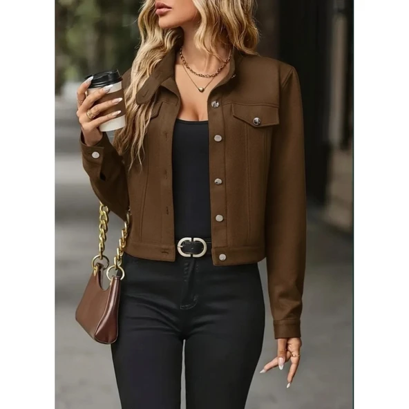 Lucky Life Kadın Uzun Kollu önden Düğmeli Kısa Süet Ceket ürün görseli 1