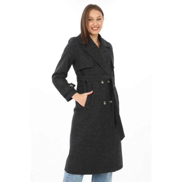 Premium Kaşe Kaban Uzun Boy, Balık Sırtı Yünlü Kaşmir Dokuma, Kruvaze Kuşaklı Astarlı - Siyah - Resim 6