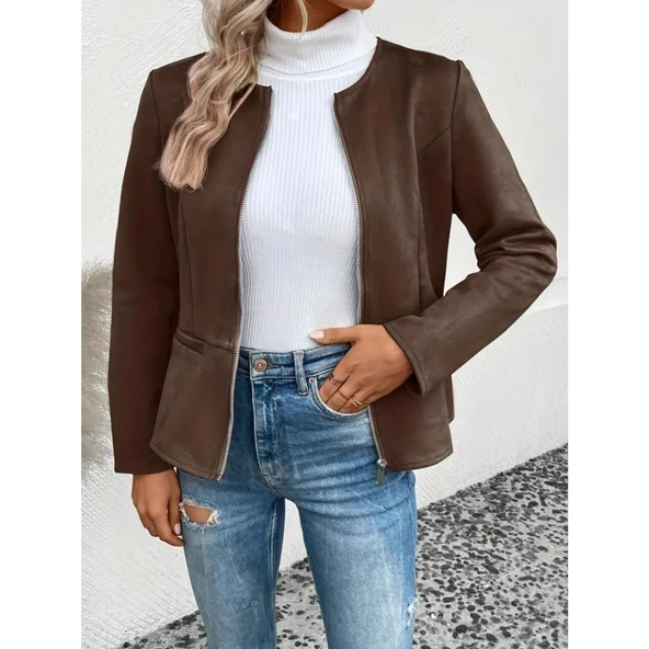 Lucky Life Kadın Uzun Kollu Yuvarlak Yaka önden Fermuarlı Süet Ceket - Resim 2