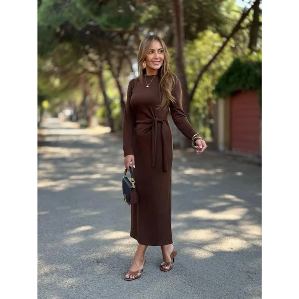 Lucky Life Kadın Uzun Kollu Bisiklet Yaka Yandan Bağlamalı Uzun Modal Elbise - Resim 3