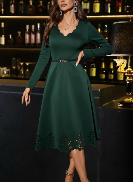 Lucky Life Kadın Uzun Kollu V Yakalı Lazer Kesim Detaylı Midi Ithal Krep Elbise ürün görseli 1