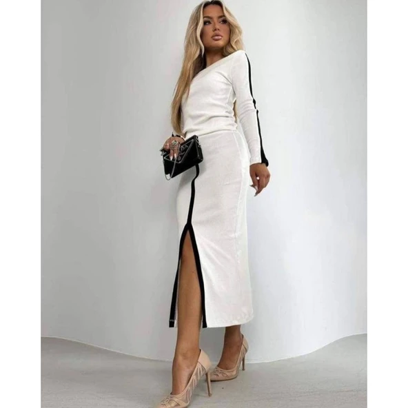 Lucky Life Kadın Uzun Kollu Bisiklet Yaka Kaşkorse Bluz Ve Yırtmaçlı Etek Ikili Takım - Resim 3