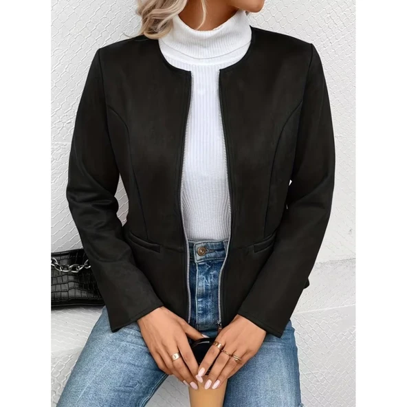 Lucky Life Kadın Uzun Kollu Yuvarlak Yaka önden Fermuarlı Süet Ceket ürün görseli 1