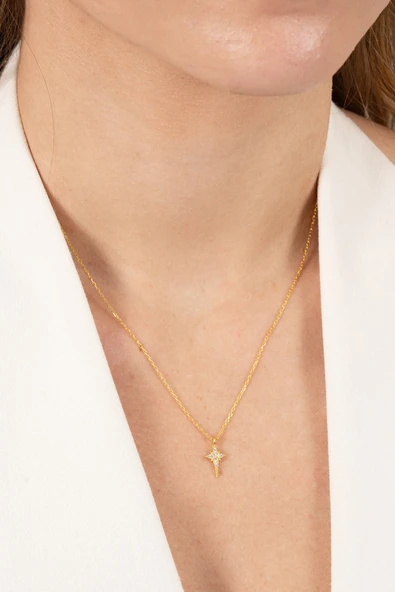 925 ayar gümüş kolye altın yaldızlı zirkon taşlı minimal kutup yıldızı kolye SGTL13149GOLD - Resim 2