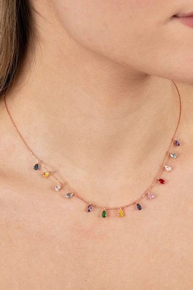 925 ayar gümüş kolye rose renkli zirkon taşlı top zincirli damlalı kolye  SGTL13146ROSE - Resim 2