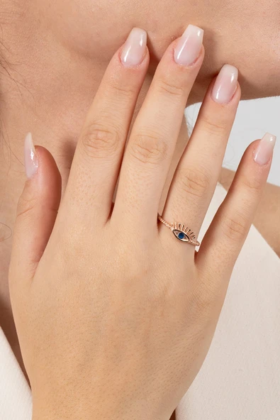 925 ayar gümüş yüzük rose safir taşlı kirpikli göz modeli ayarlamalı yüzük SGTL13129LACIVERT - Resim 4