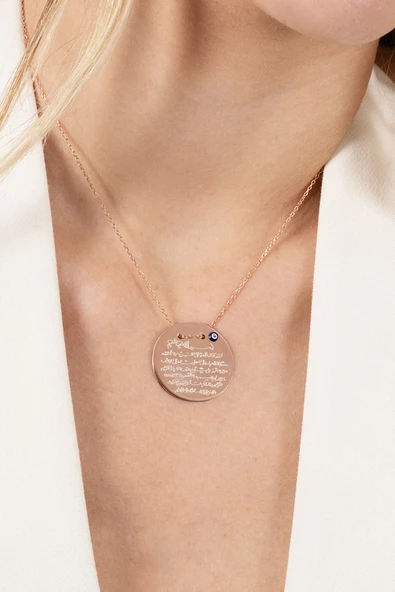 925 ayar gümüş kolye rose Ayetel Kürsi yazılı nazarlı büyük boy plaka kolye SGTL13138ROSE - Resim 4