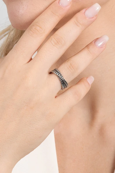 925 ayar gümüş yüzük oksitli üçlü sarmal zincir modeli ayarlamalı yüzük SGTL13121SIYAH - Resim 3