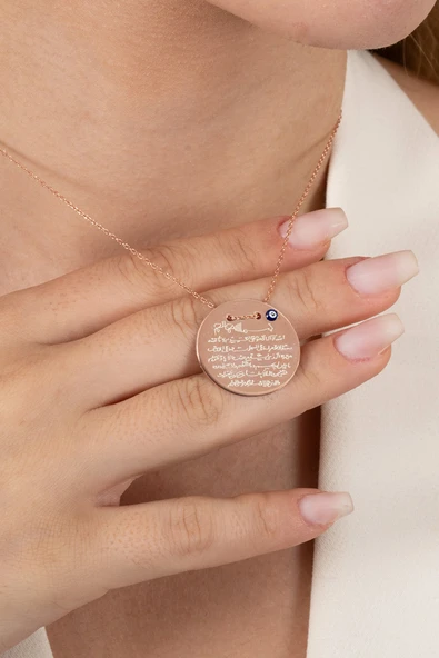 925 ayar gümüş kolye rose Ayetel Kürsi yazılı nazarlı büyük boy plaka kolye SGTL13138ROSE - Resim 2