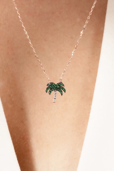 925 ayar gümüş kolye rose yeşil taşlı palmiye kolye SGTL13145ROSE - Resim 4